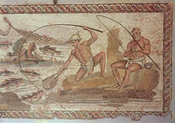 Männer beim Fischen am Nil, aus Villa Nile, Leptis Magna (Mosaik)
